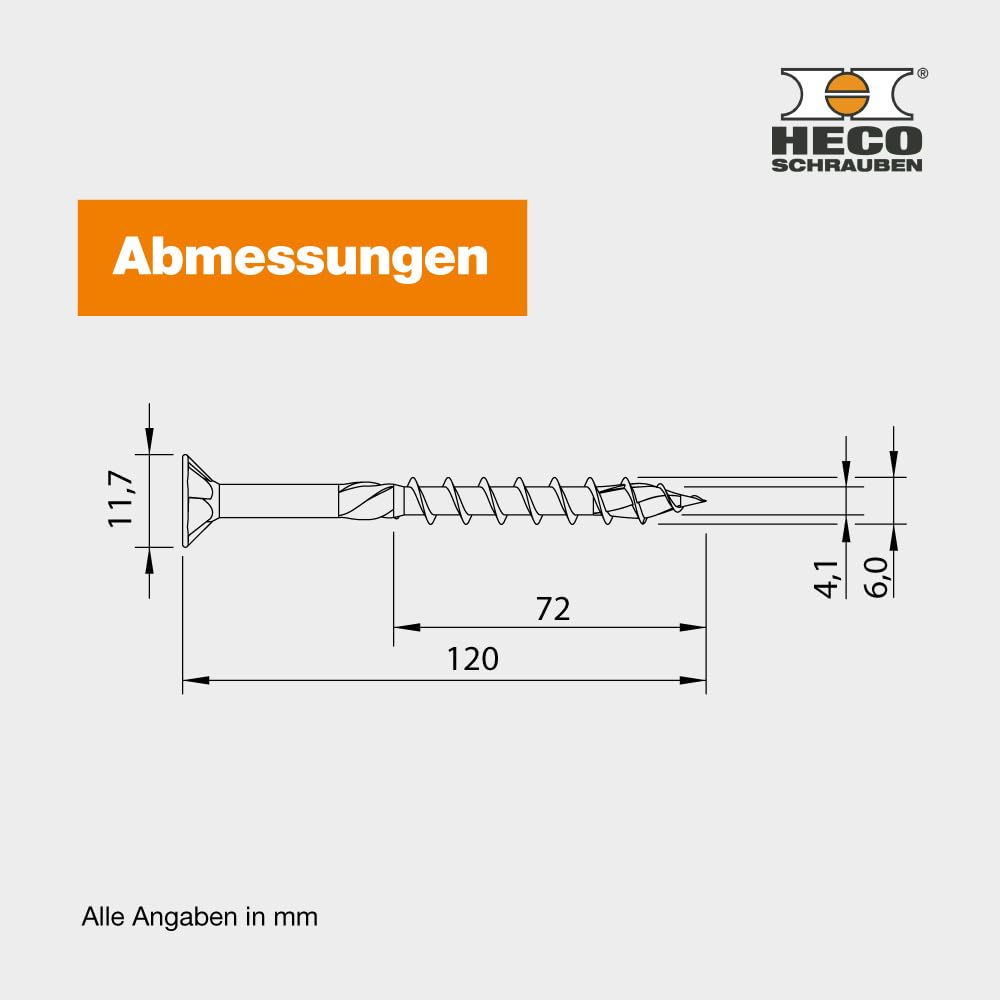 HECO-TOPIX-plus Holzbauschraube 6 x 120, Senkkopf mit Frästaschen, HECO-Drive, HD-30, Teilgewinde, Edelstahl A2, 100 Stück