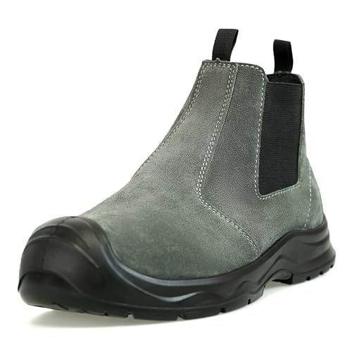 Men‘s Women’s 6in Mid-top Steel Toe Work Boots, Slip-On Chelsea Style, Tumbled Leather Uppers, Non-Slip Outsoles, Toe Protection, No Lace (Gray)