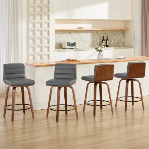 Image of Swivel Bar Stools Set of 4,26 inch Faux Leather Counter Height Barstools with Back,Mid Century Modern Upholstered Bar Chairs with Bentwood Legs Island Stools for Kitchen Counter Darkgrey