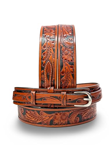 Ranger Western Leather Belt, Full Grain Leather Floral Embossed Carved Gun Belt Heavy Duty One piece Leather Belt