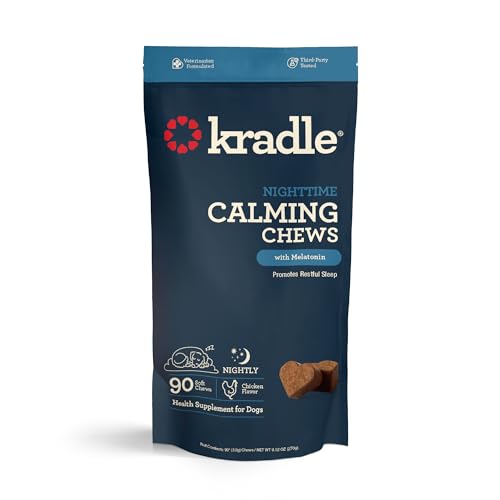 Image of Kradle Nighttime Calming Chews for Dogs - Sleep and Relaxation Support - Melatonin L-Theanine Chamomile Ashwagandha - Calming Supplement for Bedtime and Stress - Chicken Flavor - 90 Chews