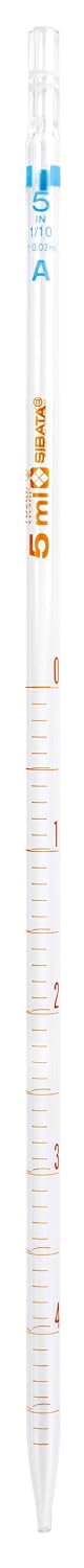 Sibata 2011A-5 5mL Serological Pipets, Class A, Reusable Glass, Color-Coded Blue, To Deliver (Pack of 12)