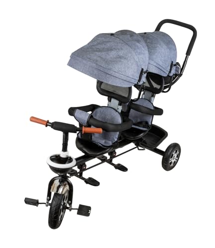 Toral - Triciclo Evolutivo Gemelar Doble Reclinable con Capota y Barra Desmontable, para Bebe, Niño o Niña, Color Vaquero, 3 en 1