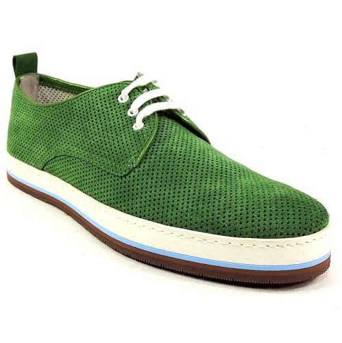 Goodman Italian Men's Perforated Suede Oxford Shoes, Green, Casual Summer Comfort, White Laces, Tricolor Sole, 41 EU