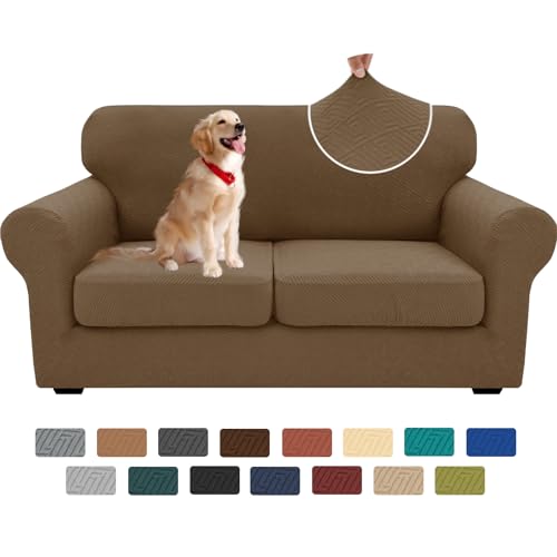 XINEAGE New 3 Pieces Couch Covers for 2 Cushion Sofa Super Stretch Loveseat Slipcover Pet Dog Universal Slip Cover Anti Slip Love Seat Furniture Protector (Brown, 55"-69")