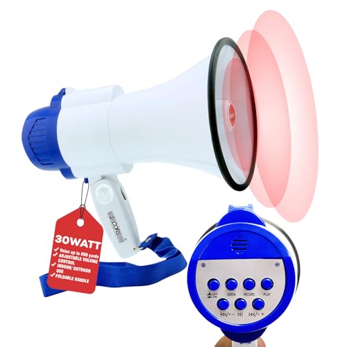 5 CORE Megaphone Speaker Portable • 30W Bullhorn w Siren • Adjustable Volume Bull Horn Battery Powered Handheld Mega Phone for Coaches Safety Drill- 8R-USB-WB