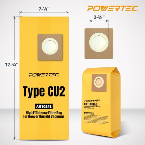 Image of POWERTEC AH10243 HEPA Vacuum Bags CU2 10 Pack for Hoover Commercial Hushtone Upright Vacuum Cleaners, Replacement Dust Filter Bags for CH54013, CH54015, CH54113 & CH54115 (75142)