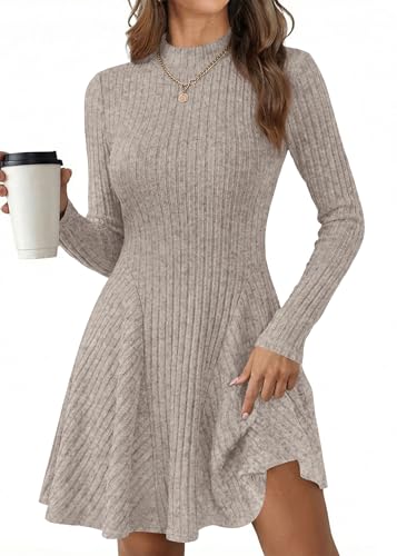 KIRUNDO Sweater Dress for Women 2026 Spring Fall Long Sleeve Mock Turtleneck A Line Fit and Flare Ribbed Knit Short Dresses(Khaki, X-Large)