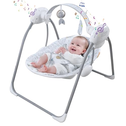 Baby Swing for Infant,Newborn Swing with Music,5 Speed Levels,Timing Setting,Space Adventure Soft Cushion,Foldable Infant Swing with Toy &amp; Mirror for Indoor Outdoor Use 0-9 Months