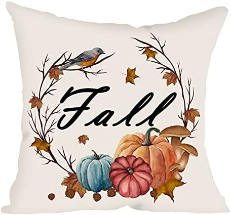 Ditmeer Fall Throw Pillow Cover 18X18 Wreath Flower Pumpkin Bird Fall Harvest Farm Decorative Sofa Couch Pillowcase Outdoor Indoor Home Décor Cushion Pillow Cover 1 pcs