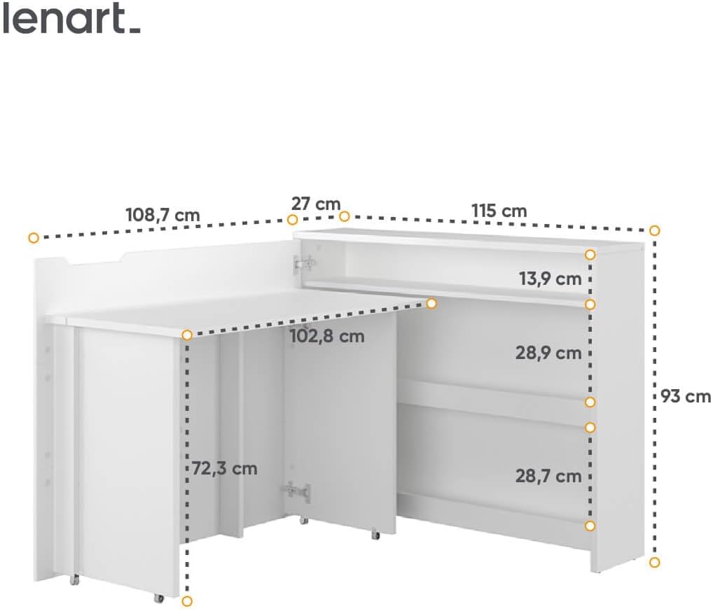 Lenart Work Concept Foldable Desk with Shelves - Left Side - Table Top 40” (High-Gloss White), CW1LBIP