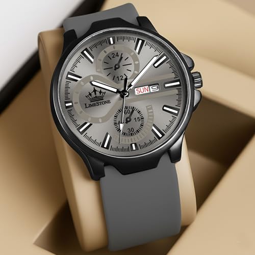 Image of LIMESTONE Men's Analog Quartz Watch with Day & Date Display, Leather /Silicone Strap - Casual & Formal Wrist Watch for Men