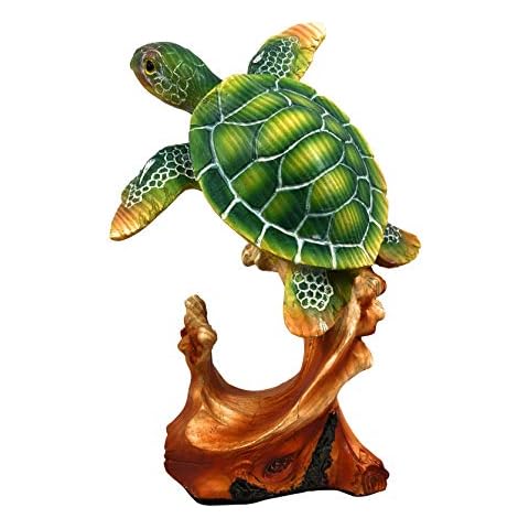 Sea Turtle Coral Woodcut Colored 5" Figurine Statue Green Ocean Marine Decor Cover