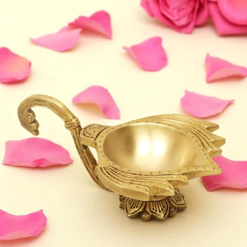 Image of SHANTI 100% Pure Brass Lotus Shape Akahnd Diya /Oil Lamp /Kamal Patta Deepak /Diya for Puja Room (LP3421)