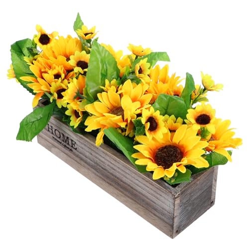 Tournesol artificiel en pot bois rectangulaire pour centre de table