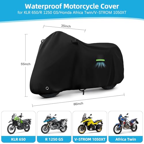 Image of Motorcycle Cover Waterproof for Kawasaki KLR 650 /R 1250 GS /Honda Africa Twin /V-Strom 1050XT, Heavy Duty Outdoor Sun UV Rain Dust All Weather Motorbike Cover with Soft Cotton Lining & Lock Hole-Balck