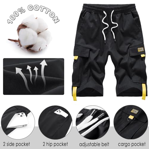 XinYangNi Men's Cargo Shorts Elastic Waist Twill Relaxed Fit Multi-Pockets Outdoor Casual Shorts Black US 38 - Image 2