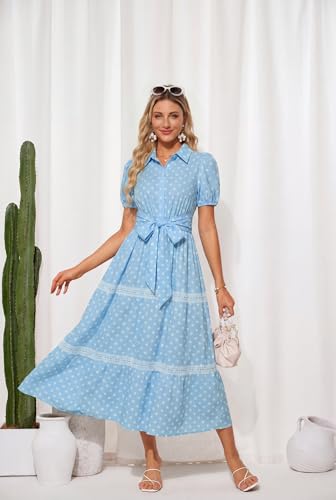 GRACE KARIN Women's 2026 Summer Floral Flowy Dresses Boho Tie Belt Short Puff Sleeve A Line Maxi Shirt Dress with Pocket Blue Dot X-Large — view 2
