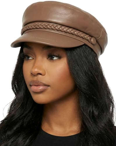 Funky Junque Leather Newsboy Hat for Women – Trendy Greek Fisherman Cap, Classic Baker Boy Newsies Hat, Stylish Ladies Fashion Cap - Leather - Khaki