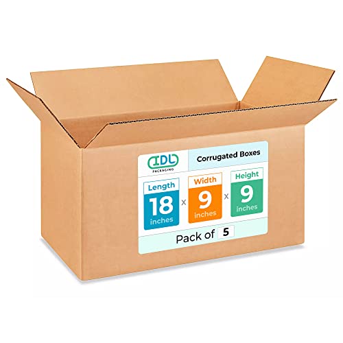 Long Moving &amp; Shipping Boxes 18 x 9 x 9 inches (5-Pack) - Extra Strength 200 lb vs Regular - Corrugated Strong Boxes for Packaging Moving Stuff - Heavy Duty Box by IDL Packaging