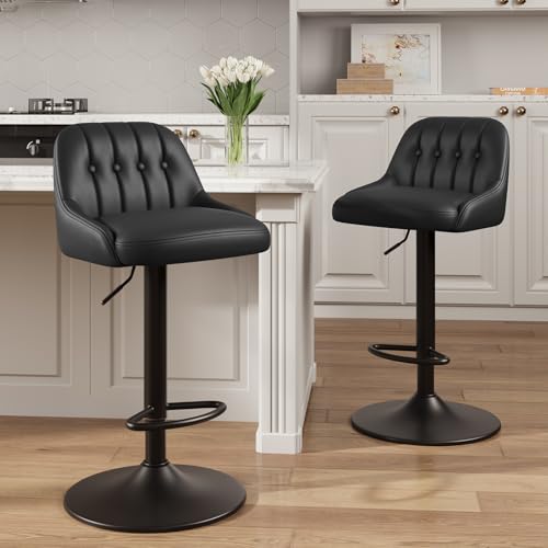 Image of MALOL Bar Stools Set of 2, Swivel Bar Chairs, Modern Adjustable PU Leather Upholstered Barstools Counter Height with Tufted Back for Bar, Kitchen Counter Island, Dining Room, Black