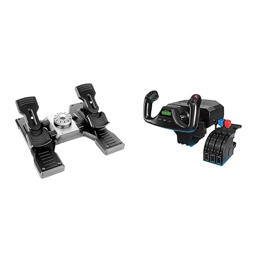 Pedales de timón Logitech Pro Flight y sistema de yugo de vuelo PRO, cuadrante de yugo y acelerador de simulación profesional, 3 modos, 75 controles programables, color negro