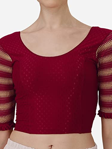 Image of SFT Round Neck Cotton Lycra Stretchable Laced Elbow Sleeves Readymade Saree Blouse for Women Stylish (Shibani