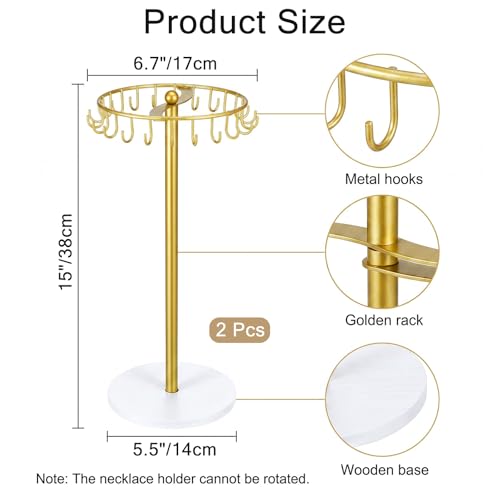 Afcabakila 2 Pcs Necklace Holder Jewelry Organizer With 22 Hooks Gold Metal And Wooden Base Stand For Hanging Bracelet Keychain Storage Home Bedroom Dressing Table Decor For Women by Afcabakila - Used condition - Image 2