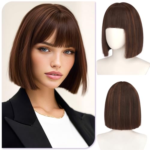 Sofeiyan Peluca Corta Bob,25 cm Castaño Peluca Lisa con Flequillo,Pelucas Mujer pelo Natural Sintética para Diario Fiestas Carnaval Cosplay Viajes