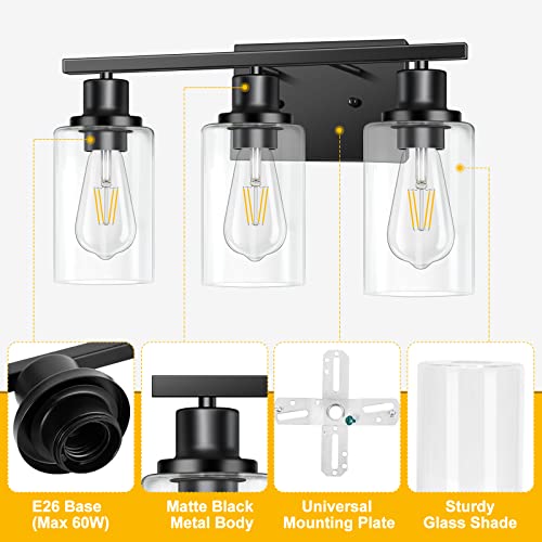 Image of 3-Light Vanity Light, Matte Black Bathroom Lighting Fixtures Over Mirror, Modern Metal Wall Lights for Hallway Kitchen Bedroom Living Room