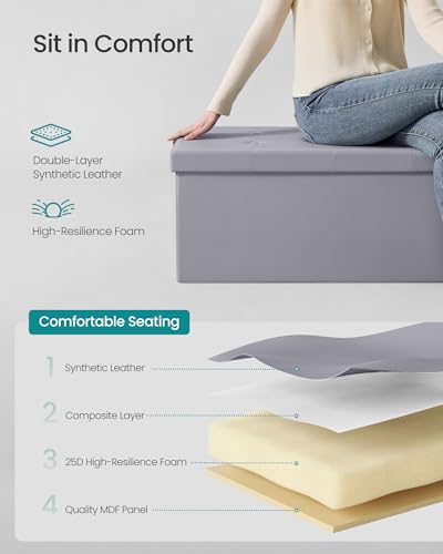 Image of SONGMICS MAZIE Collection - 43 Inches Folding Storage Ottoman Bench, Ottoman with Storage, Foot Rest Stool, Load 660 lb, for Living Room, Synthetic Leather, Light Gray ULSF70GY