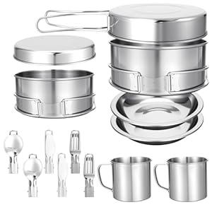 15 Pcs Camping Cookware Set, Stainless Steel Outdoor Camping Cooking Kit with Pot and Pan Cups Plates Forks Knives Spoons Kit for 1-2 Person Camping, Backpacking, Outdoor Cooking and Picnic