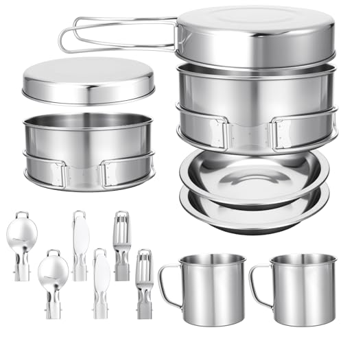15 Pcs Camping Cookware Set, Stainless Steel Outdoor Camping Cooking Kit with Pot and Pan Cups Plates Forks Knives Spoons Kit for 1-2 Person Camping, Backpacking, Outdoor Cooking and Picnic by Meyeyaia - Used condition - US$18.54