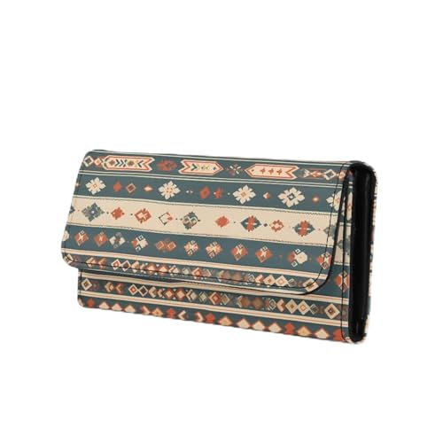Aztec Tribe Leather Trifold Wallet for Women, Boho Ethnic Card Holder Phone Organizer Southwestern Vintage Aesthetics Ladies Travel Purse, Clutch Organizer
