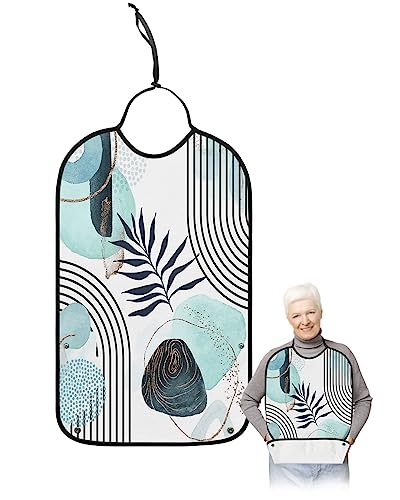 Kewadony Adult Bibs for Elderly Women - Boho Tropical Leaves Waterproof Dining Clothing Protectors with Crumb Catcher for Eating/Feeding, Blue Green Abstract Art Neutral Terry Cloth Bib