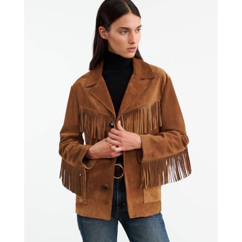 Women's Western Suede Leather Jacket with Fringe, Brown, Button Front, 2 Pockets2
