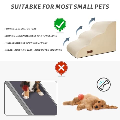 Image of Aodisman Dog Stairs for Small Dogs and Cats,3-Step Pet Ramp for Couch,Chair | 15.7 inch H Non-Slip Sturdy Dog Steps with Curved Ramp for Senior,Short-Legged Dogs,Puppy and Cats to Reach Sofa or Chair,Beige