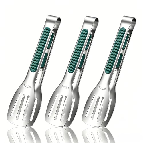 Stainless Steel Kitchen Tong Set - Anti-Slip Heat-Resistant Grip, Widened 3-Line Slotted Heads for Easy Clamping (Steaks, BBQ, Pasta, Salads), Easy Clean for Versatile Use Set of 3-6", Green