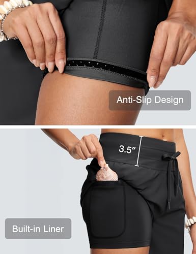 ISEEGZ Women's 5" High Waisted Tummy Control Swim Board Shorts Quick Dry Swimming Shorts for Women with Liner Pockets Black - Image 6