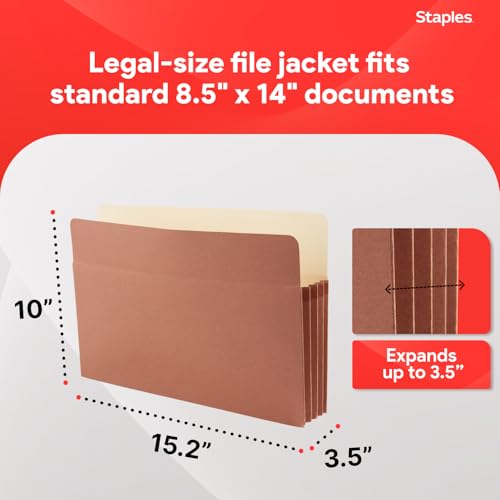 Staples Reinforced Expanding File Pockets, Legal Size, 3.5‑Inch Expansion, Heavy‑Duty Brown Accordion Folders – 25/Pack by STAPLES - Image 3