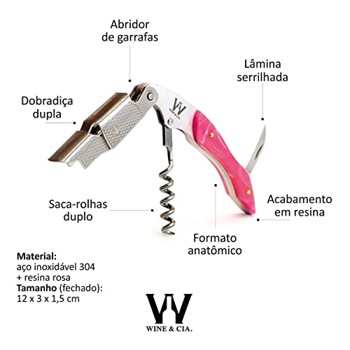 Saca Rolha Abridor De Vinho Em Aço+ Pedra Rosa Sommelier Profissional