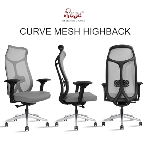 Image of ROSE Curve Premium Office Chair | High Back | Mesh Ergonomic Home Office Desk Chair with 4D Adjustable Armrests | Auto Wight Slider Mechansim | Ideal for Adults & Work Professionals (Grey)