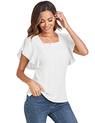 Zenbriele Women Summer Casual Tops Short Sleeve Square Neck Loose Shirt Blouse Tunic Tops For Casual Work Business White #TOP6