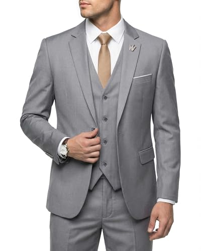 Hihawk Herren 3-teiliger Anzug mit Stretch-Stoff, solide schmale Passform, EIN-Knopf-Anzug, Blazer-Set, Jacke, Weste, Hose mit Krawatte, GRAU, M