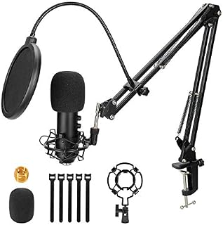 Mic Stand, Suspension Boom Scissor Arm Microphone Stand with Shock Mount, Pop Filter, Mic Clip, Screw Adapter Support Snowball for studio,podcasts,broadcasts