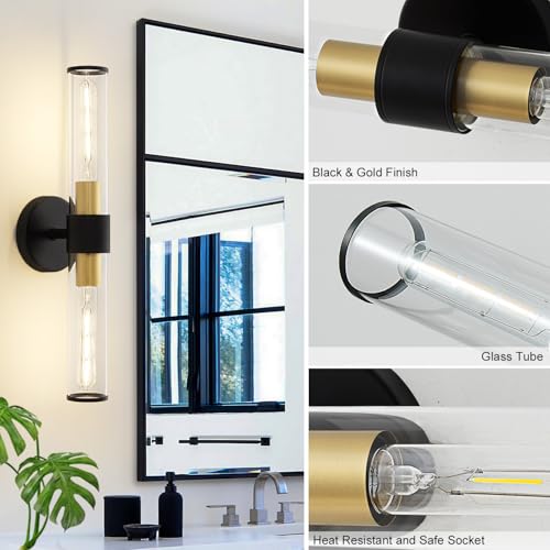 Image of Black and Gold Wall Sconce, Bathroom Light Fixtures in Clear Glass Indoor Wall Sconces, Modern Sconce Wall Lighting Up and Down Vanity Lights Fixtures for Bathroom - Bulb Not Included
