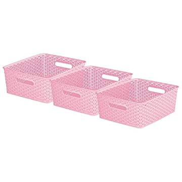 CURVER My Style Rattan Effect Set of 3 Kitchen, Living room, Bathroom, Bedroom, Utility Medium Rectangular Storage Baskets 13 Litres - Pink