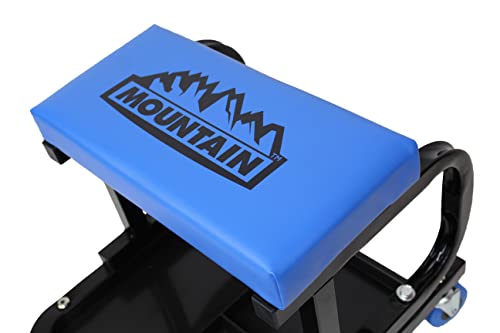 Mountain 1701 Mechanics Automotive Creeper Seat With Tool Storage For Garages, Repair Shops, And Diy, Padded Seat, 350 Lbs. Capacity, Heavy Duty Tubular Steel Frame, (4) Swivel Casters, Black/Blue #TOP1