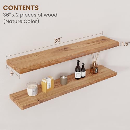 Image of Floating Shelves for Wall Decor, Rustic Solid Elm Wood Live Edge Floating Shelves Wall Mounted, Wall Shelves with Invisible Bracket for Living Room Bathroom Bedroom Kitchen, 36 Inch Set of 2, Natural