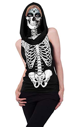 Ainuno Skeleton Shirt Skull Hoodie For Women Teen Girls Funny Halloween Shirts Costume Top With Mask Tshirts White Skeleton Printed Sleeveless Hoodie Pullover Sweatshirt Cute Tee,Skull Skeleton L #TOP2